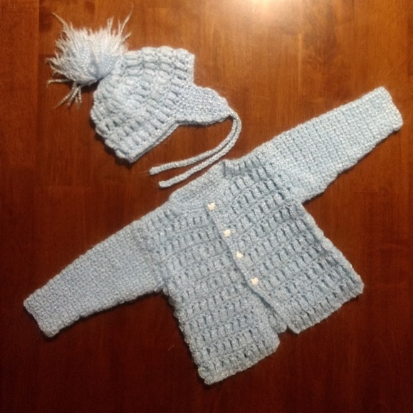 Unbranded Other - Baby Blue Crocheted Sweater Jacket & Beanie Hat